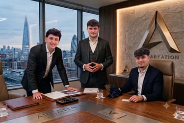 Arkation Wealth and Investments team posing in a luxury London office overlooking the city skyline.