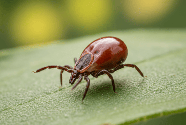 A macro shot of a tick crawling on a green leaf, highlighting lyme disease risk in nature.