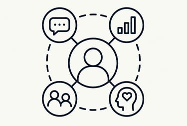 Line icon illustrating user experience and customer engagement with data, empathy, and social icons.