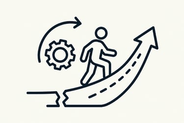 Line icon of a person walking up a rising arrow path towards business growth and career success.