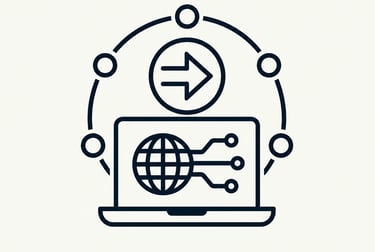 Digital networking icon featuring a laptop with a globe and data connection points for global technology.