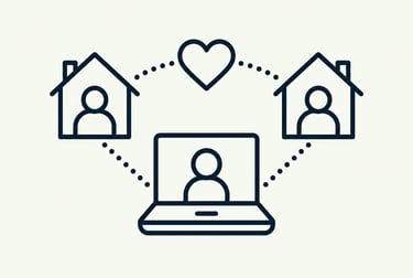 Line art icon of a laptop connecting people in houses with a heart, representing remote community and connection.