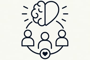 Minimalist icon showing emotional intelligence with a brain-heart symbol above a diverse team.