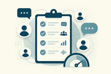 Business productivity illustration featuring a checklist, user icons, and performance gauge for project management.