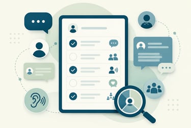 Digital interface illustration showing user profiles, chat icons, and data analysis for online community management.