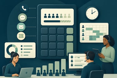 Call center agents managing customer support operations with digital data dashboards and scheduling tools.