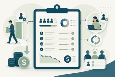 Business data dashboard showing employee turnover, recruitment metrics, and financial budget charts.