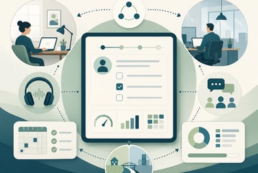Illustration of a remote work project management dashboard connecting global teams via digital collaboration tools.