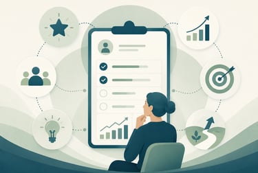 Business professional reviewing an employee performance dashboard with growth charts, goals, and skill assessment icons.
