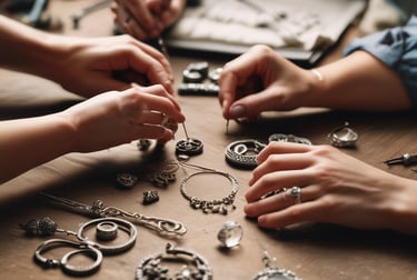 Artesanos elaborando joyería de plata hecha a mano, incluyendo anillos y collares con detalles intri