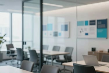 Agency meeting room with a large glass wall, talent boards visible, sleek Scandinavian furniture, professional yet welcoming atmosphere, hints of #ECF3F4 and #1A5E63.