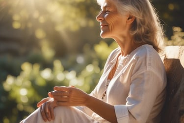 Smiling senior woman sitting outdoors in golden hour sunlight, enjoying a peaceful retirement lifestyle.