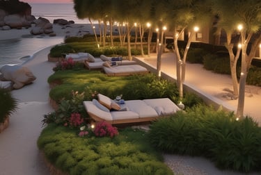 Luxury white three-story modern villa with arched windows and swimming pool at sunset.