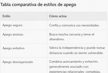 Tabla comparativa de estilos de apego emocional: seguro, ansioso, evitativo y desorganizado.