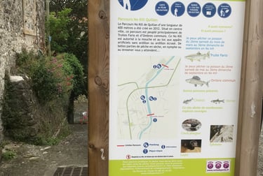 Fishing information sign on the River Aude in Quillan
