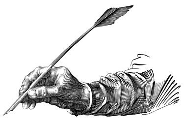 Main écrivant à l'aide d'une plume, gravure.