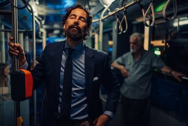 A businessman in a navy suit standing on a public bus during a night commute.
