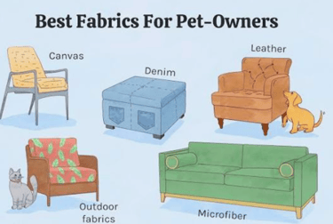 Infographic showing best pet-friendly furniture fabrics including canvas, denim, leather, and microfiber.
