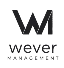 a black and white logo with the words we are here