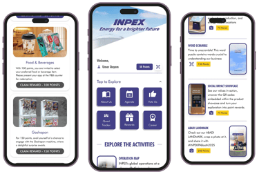 INPEX gamification web app interface showing missions, leaderboard, and reward menu