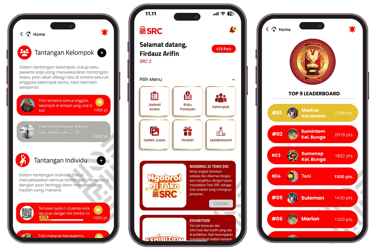 User interface design of SRC gamification web app showing login, menu, and leaderboard