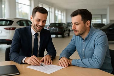 Fotografia realista mostrando um consultor de vendas explicando opções de leasing, consórcio e financiamento
