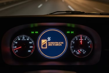 Close-up of a Volvo FM dashboard at night with the orange "Regeneration Active" warning light illuminated.