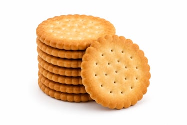 A stack of golden brown round butter biscuits with one leaned against the side on a white background.