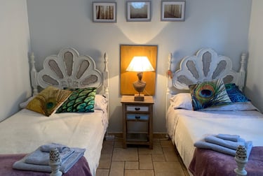 air bedroom with two beds and a lamp