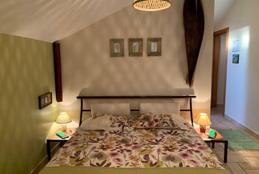 earth bedroom with a bed and a lamp