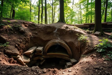 An underground earth oven in a serene forest setting