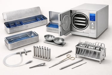 Sterilization tools like autoclaves and instrument trays on a white background.