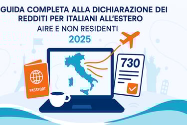 Illustrazione moderna CAF Public con scrivania ordinata, passaporto italiano e mappa per italiani all'estero