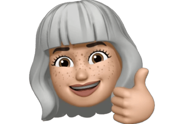 Smiling female Memoji with freckles and grey hair giving a thumbs up gesture on a black background.