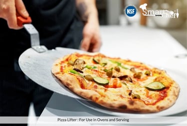 smart Chef using a professional stainless steel pizza lifter to serve a fresh vegetable pizza.