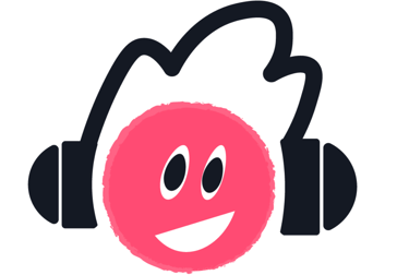 Grafika - roześmiana, okrągła czerwona buźka w czarnych słuchawkach. 