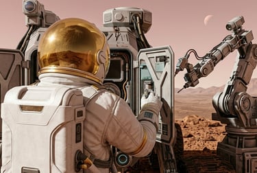 Top Quark space repair man with robot on Mars