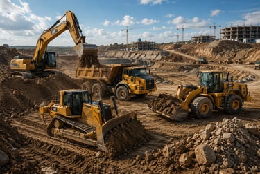 Heavy earthmoving equipment operating on a large-scale construction project