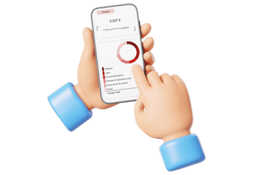 une main 3D tenant un iPhone présentant un outil de gestion des finances personnelles