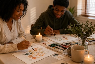 A mother and son smiling while painting botanical watercolor art by candlelight 