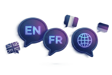 Bulles de discussion avec drapeaux (FR, EN) illustrant l'option répondeur multilingue international