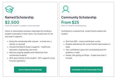 Jump Finance scholarship giving tiers: Named Scholarship and Community Scholarship