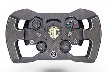 Custom carbon fiber racing wheel for Xbox sim racing setups with premium grips and buttons.