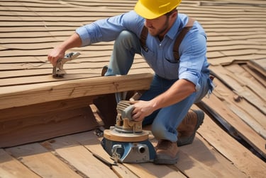 Close-up of skilled carpenter working on a wooden roof frame at a construction site.