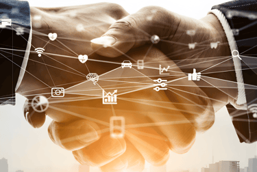 Professional handshake overlay with digital technology network icons representing business connectivity and innovation.