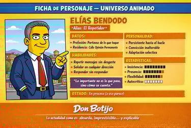 Infografía de la ficha de Bendodo Ilustración satírica de Bendodo como personaje animado en un supue
