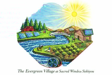 Illustration of Evergreen Village at Sacred Winds in Siskiyou showing a sustainable community with solar panels and gardens.