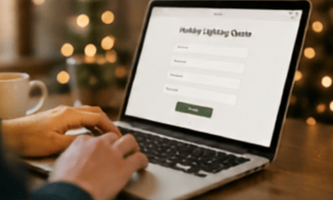 A person using a laptop computer to fill out an online form for holiday light installation.