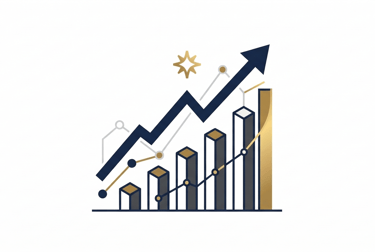 Professional financial growth chart icon featuring a gold and navy blue bar graph with upward arrow.