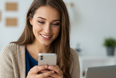 a woman smiling and holding a cell phone